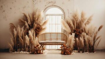 boho wedding indoor macrame rug arch room, ai photo