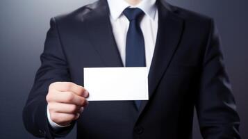 man in suit holding business name card, ai photo