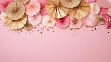 pink and gold confetti paper fan decoration copy space, ai photo