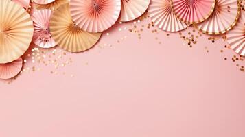 pink and gold confetti paper fan decoration copy space, ai photo