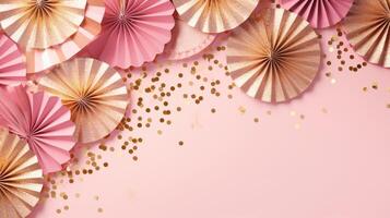 pink and gold confetti paper fan decoration copy space, ai photo