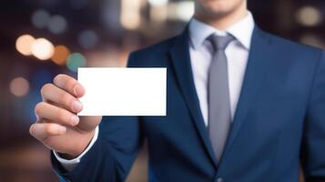 man in suit holding business name card, ai photo