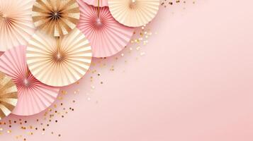 pink and gold confetti paper fan decoration copy space, ai photo