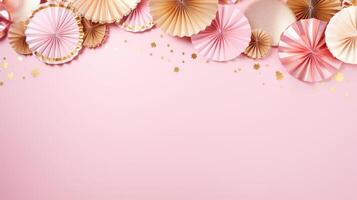 pink and gold confetti paper fan decoration copy space, ai photo