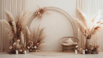 boho wedding indoor macrame rug arch room, ai photo