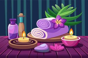 Elegant purple spa setting with lit candles, flowers, towels. Calming wellness retreat for relaxation. Concept of luxury Thai spa, tranquility, indulgence. Graphic illustration. Print, design element vector