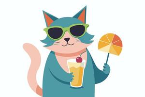 Cat in sunglasses enjoying fruit cocktail. Isolated on white background. Smiling Feline with soft drink. Concept of summer vibes, exotic beverage, vacation. Print. Design element. Graphic art vector