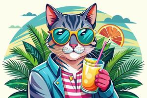 Cat in sunglasses enjoying fruit cocktail in tropical setting. Feline with soft drink. Concept of summer vibes, refreshing drink, exotic beverage, vacation. Design. Print. Graphic illustration vector