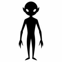 negro silueta de un extraterrestre aislado en blanco antecedentes. humanoide cifra. gráfico Arte. concepto de extraterrestre, ciencia ficción diseño, espacio personaje. icono, imprimir, pictograma, diseño elemento vector