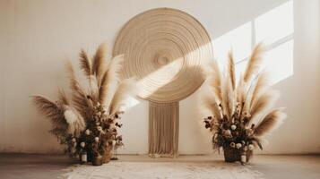 boho wedding indoor macrame rug arch room, ai photo