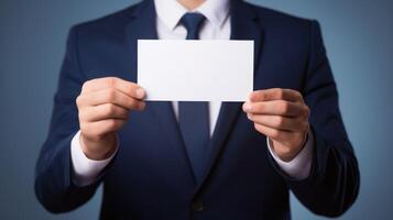 man in suit holding business name card, ai photo