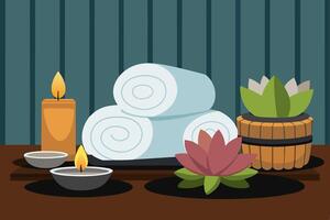 Spa setting with lit candles, flowers, towels. Calming wellness retreat for relaxation. Concept of luxury Thai spa, tranquility, indulgence. Graphic illustration. Print, design element vector