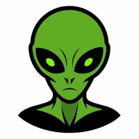 Green alien head with large eyes isolated on white background. Portrait of a humanoid in a cartoon style. Concept of extraterrestrial, sci-fi design, space being. Graphic art vector