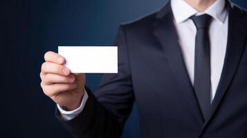 man in suit holding business name card, ai photo