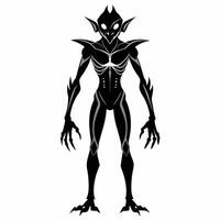 Black silhouette of an alien isolated on white background. Humanoid figure. Graphic art. Concept of extraterrestrial, sci-fi design, space character. Icon, print, pictogram, design element vector