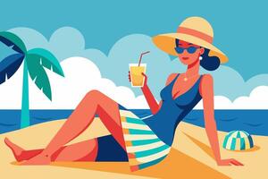 Woman enjoying tropical drink on sunny beach. Young lady with refreshing cocktail. Concept of summer leisure, beach relaxation, vacation vibes. Graphic illustration. Print, design vector