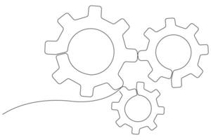 Machine gears wheel symbol technology, continuous one line art drawing of moving gears outline illustration vector