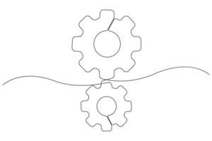 Machine gears wheel symbol technology, continuous one line art drawing of moving gears outline illustration vector