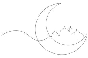 Moon symbol one continuous single line art drawing of Ramadan Kareem and Eid banner in simple outline vector