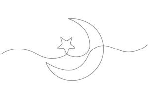 Moon symbol one continuous single line art drawing of Ramadan Kareem and Eid banner in simple outline vector