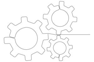 Machine gears wheel symbol technology, continuous one line art drawing of moving gears outline illustration vector