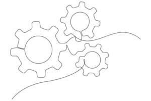 Machine gears wheel symbol technology, continuous one line art drawing of moving gears outline illustration vector