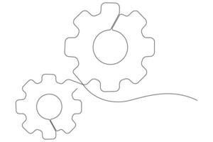 Machine gears wheel symbol technology, continuous one line art drawing of moving gears outline illustration vector