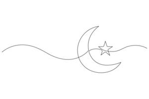 Moon symbol one continuous single line art drawing of Ramadan Kareem and Eid banner in simple outline vector