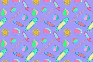 Sun, beach balls and surfboards on purple background. The inscription Hello Summer. Summertime. seamless colorful pattern. vector