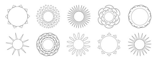 Sun with different variations of rays, set. Summertime. Cute summer coloring pages for kids. contour drawing. vector