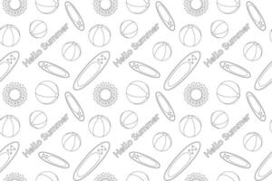 contour drawing of summertime beach balls, sun, and surfboards. Perfect for kids summer coloring activities. Seamless and fun pattern. vector