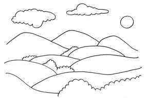 Hand drawn sketch of mountains with sun.coloring page. vector