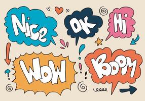 Hand drawn set of speech bubbles with handwritten short phrases nice, hi, wow,boom, ok on pink background. vector