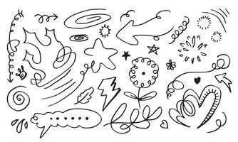 leaves, hearts, abstract, ribbons, arrows and other elements in hand drawn styles for concept designs. Doodle illustration. template for decoration vector