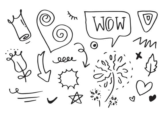 Hand drawn set elements, black on white background. Arrow, heart, love, star, leaf, sun, light, flower, crown, king, queen,Swishes, swoops, emphasis ,swirl, heart, for concept design.