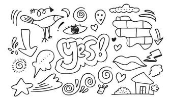 Hand drawn set elements, black on white background. Wall,Arrow, heart, love, star, leaf, eye , light, flower, crown,home ,mouth ,speech bubble for concept design. vector