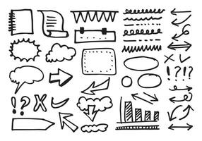 Doodle lines and curves.Hand drawn check and arrows signs. Set of simple doodle lines, curves, frames and spots. Collection of pencil effects. Doodle border. Simple doodle set. vector