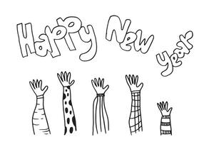 Happy new Year Design Hand Drawn. Doodle illustration.Happy new year script text hand lettering with applause. Design template Celebration typography poster. vector