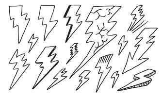 set of hand drawn doodle electric lightning bolt symbol sketch illustrations. thunder symbol doodle icon. vector