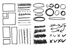 Doodle lines and curves.Hand drawn check and arrows signs. Set of simple doodle lines, curves, frames and spots. Collection of pencil effects. Doodle border. Simple doodle set. vector