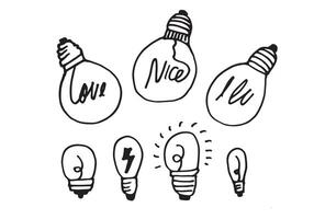 Hand drawn light bulb icons with concept of idea. Doodle style. vector