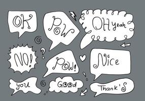 Hand drawn set of speech bubbles with handwritten short phrases thank s,pow,ok,no,oh yeah,you, good,nice on gray background. vector