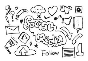 line art Doodle cartoon set of objects and symbols on the Social Media theme. vector