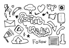 line art Doodle cartoon set of objects and symbols on the Social Media theme. vector