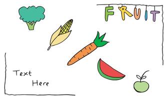 Doodle Frame from vegetables and fruits. Colorful Food Set on white background. vector