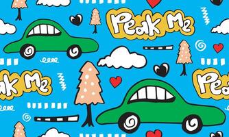 Seamless pattern with hand drawn cars, cloud,heart and tree.for kids fabric,wrapping, textile, nursery wallpaper.Scandinavian style. vector