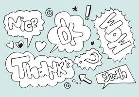 Hand drawn set of speech bubbles with handwritten short phrases nice, ok, wow, thank s, yeah on blue background. vector