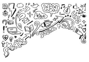 line art Doodle cartoon set of objects and symbols on the Social Media theme. vector