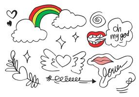 Hand drawn set elements, black on white background. cloud,rainbow, mouth with oh my god text, heart, love, swoops, emphasis ,swirl, for concept design. vector