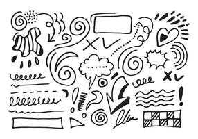 Doodle lines and curves.Hand drawn check and arrows signs. Set of simple doodle lines, curves, frames and spots. Collection of pencil effects. Doodle border. Simple doodle set. vector